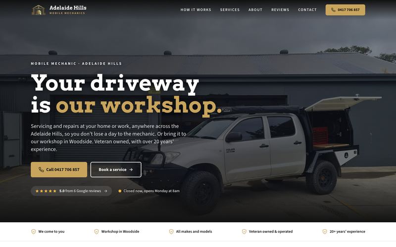 Example website for a mobile mechanic in Woodside, SA