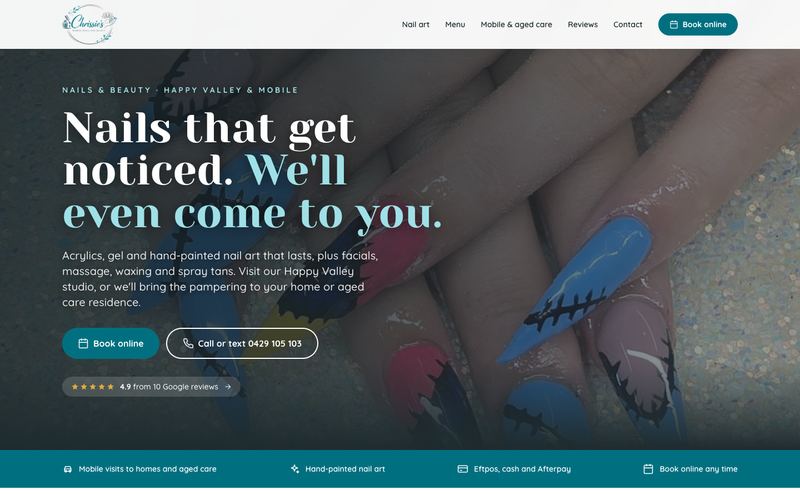 Example website for a mobile nails & beauty in Happy Valley, SA
