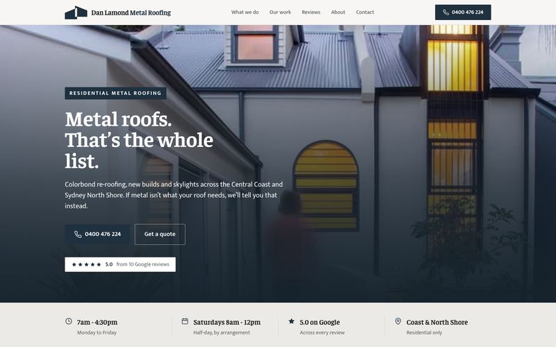 Example website for a metal roofing in Tumbi Umbi, NSW