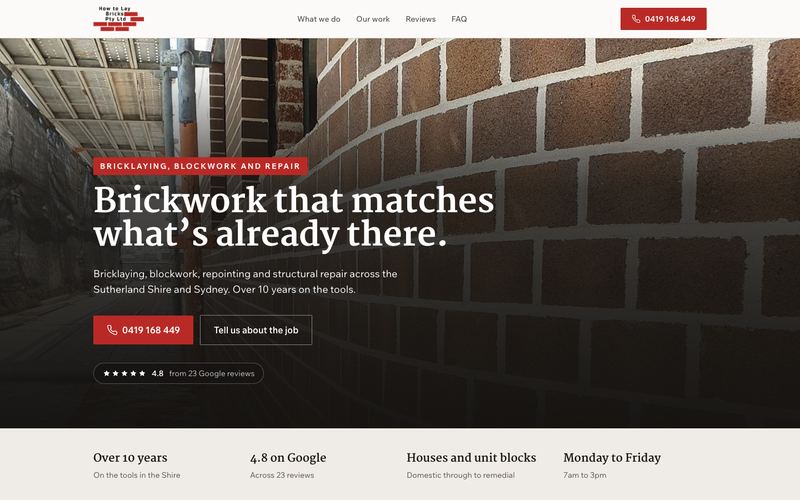 Example website for a bricklayer in Sutherland, NSW