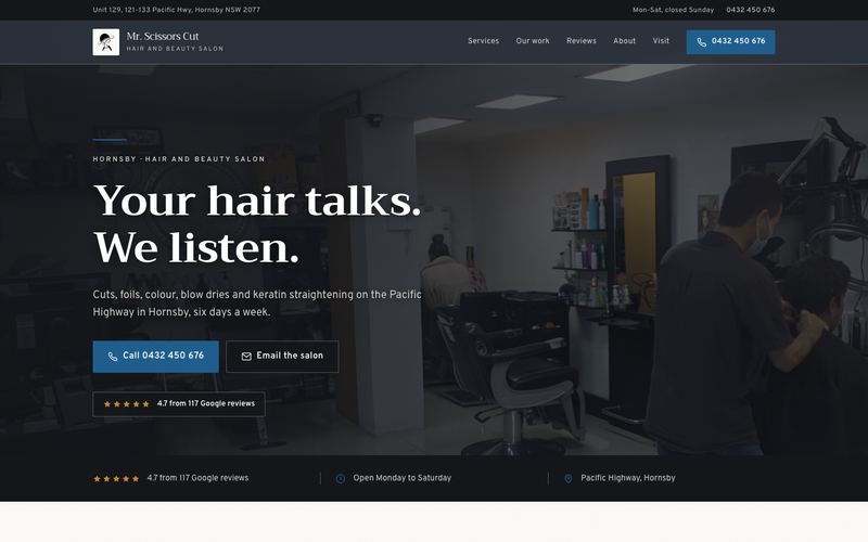 Example website for a hair salon in Hornsby, NSW