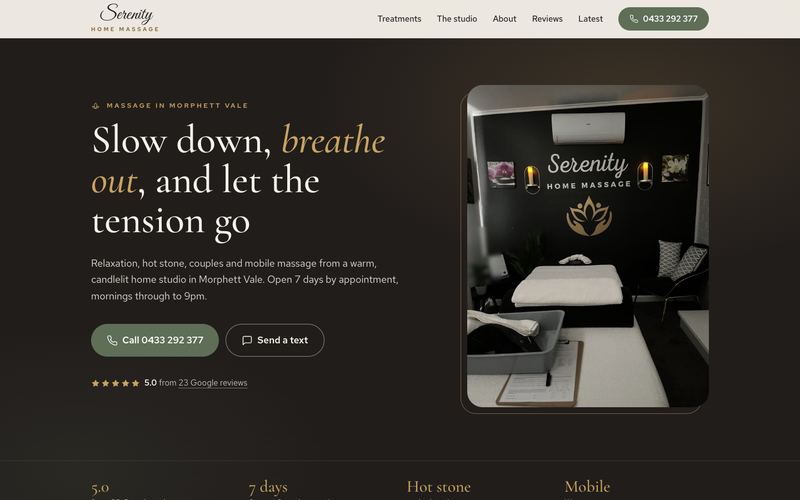Example website for a mobile massage in Morphett Vale, SA